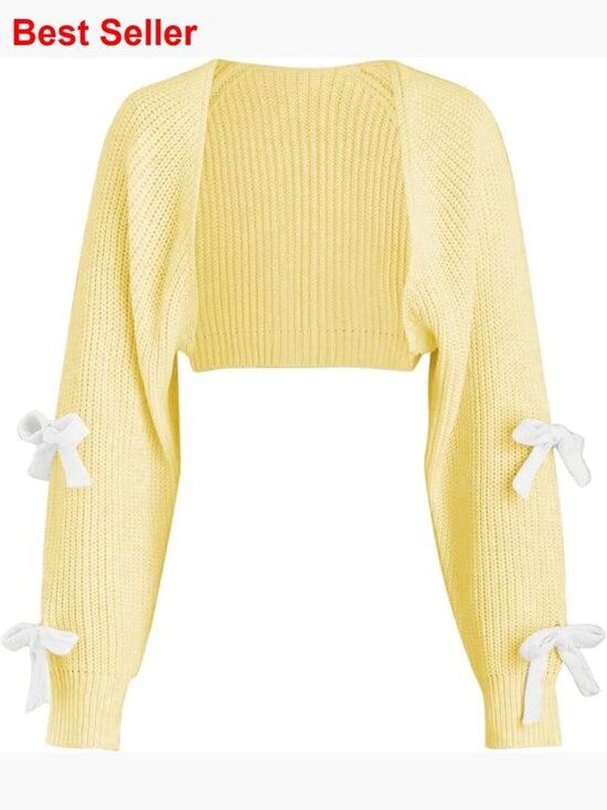 Sweaters - Cropped Cardigan Long Sleeve Knitted Shrug Bow Sweater